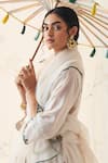 Shop_JANKI INDIA_Ivory Chanderi, Organza Embroidery Split V-neck Multi Thread Scallop Kurta Set _Online_at_Aza_Fashions