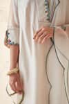 JANKI INDIA_Ivory Chanderi, Organza Embroidery Split V-neck Multi Thread Scallop Kurta Set _at_Aza_Fashions