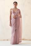 Buy_JANKI INDIA_Lavender Chanderi, Organza, Cotton Embroidery V-neck Saree Set _at_Aza_Fashions