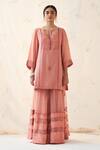 JANKI INDIA_Peach Chiffon, Organza Embroidery Split V-neck Kurta Sharara Set _Online_at_Aza_Fashions