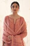 JANKI INDIA_Peach Chiffon, Organza Embroidery Split V-neck Kurta Sharara Set _at_Aza_Fashions