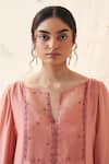 Buy_JANKI INDIA_Peach Chiffon, Organza Embroidery Split V-neck Kurta Sharara Set 