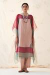 Buy_JANKI INDIA_Multi Color Organza, Silk, Cotton Embroidery Round Neck Rose Gold Kaftan Set _at_Aza_Fashions