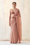 Buy_JANKI INDIA_Peach Chanderi, Silk, Cotton Embroidery V-neck Saree Set _at_Aza_Fashions