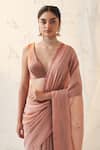 Buy_JANKI INDIA_Peach Chanderi, Silk, Cotton Embroidery V-neck Saree Set _Online_at_Aza_Fashions