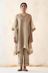 Buy_JANKI INDIA_Olive Green Organza, Silk Embroidery V-neck Kaftan Set _at_Aza_Fashions