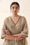 JANKI INDIA_Olive Green Organza, Silk Embroidery V-neck Kaftan Set _at_Aza_Fashions
