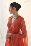 Shop_JANKI INDIA_Orange Organza, Chanderi, Cotton Embroidery V-neck Saree With Blouse _Online_at_Aza_Fashions