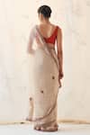 Shop_JANKI INDIA_Gold Organza, Chanderi, Cotton Embroidery Round Neck Champagne Saree Set _at_Aza_Fashions