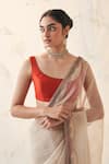 Buy_JANKI INDIA_Gold Organza, Chanderi, Cotton Embroidery Round Neck Champagne Saree Set _Online_at_Aza_Fashions