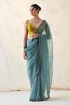 Buy_JANKI INDIA_Teal Organza, Chanderi, Cotton Embroidery V-neck Saree Set _at_Aza_Fashions