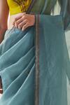 JANKI INDIA_Teal Organza, Chanderi, Cotton Embroidery V-neck Saree Set _at_Aza_Fashions