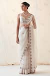 Buy_JANKI INDIA_Ivory Organza, Chanderi, Cotton Embroidery Sweetheart Neck Saree Set _at_Aza_Fashions