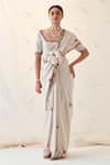 JANKI INDIA_Ivory Silk, Cotton Embroidery Square Neck Saree Set _at_Aza_Fashions