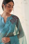 JANKI INDIA_Teal Organza, Chanderi, Cotton Embroidery V-neck Saree Set _Online_at_Aza_Fashions