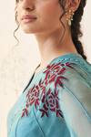 Shop_JANKI INDIA_Teal Organza, Chanderi, Cotton Embroidery V-neck Saree Set _Online_at_Aza_Fashions
