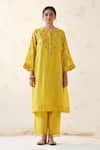 JANKI INDIA_Yellow Chanderi, Organza Embroidery Round Neck Kurta Pant Set _Online_at_Aza_Fashions