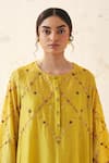 Buy_JANKI INDIA_Yellow Chanderi, Organza Embroidery Round Neck Kurta Pant Set 