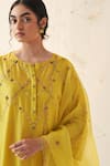 JANKI INDIA_Yellow Chanderi, Organza Embroidery Round Neck Kurta Pant Set _Online
