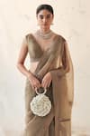 JANKI INDIA_Gold Organza, Chanderi, Cotton Embroidery V-neck Champagne Saree With Blouse _Online_at_Aza_Fashions