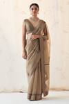 Buy_JANKI INDIA_Gold Organza, Chanderi, Cotton Embroidery V-neck Champagne Saree With Blouse _at_Aza_Fashions