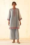 JANKI INDIA_Blue Chanderi, Organza Embroidery Split V-neck Ice Kurta Set _Online_at_Aza_Fashions