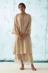 Buy_JANKI INDIA_Beige Chanderi, Organza Beads, Embroidery Split V-neck Kurta Set _Online_at_Aza_Fashions