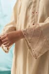 Shop_JANKI INDIA_Beige Chanderi, Organza Beads, Embroidery Split V-neck Kurta Set _Online_at_Aza_Fashions