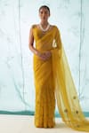 JANKI INDIA_Yellow Organza, Chanderi, Cotton Embroidery Plunge Neck Saree Set With Blouse _at_Aza_Fashions