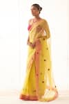 Buy_JANKI INDIA_Yellow Organza, Chanderi, Cotton Embroidery Round Neck Saree Set With Blouse _Online_at_Aza_Fashions
