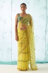 Buy_JANKI INDIA_Yellow Organza, Chanderi, Cotton Embroidery Round Saree Set With Checkered Work _at_Aza_Fashions