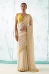 Buy_JANKI INDIA_Ivory Chanderi, Organza, Cotton Embroidery Plunge Saree Set With Yellow Border _at_Aza_Fashions