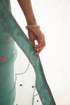 Buy_JANKI INDIA_Teal Organza, Silk, Cotton Embroidery V-neck Saree Set _Online_at_Aza_Fashions