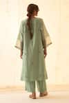 Shop_JANKI INDIA_Aqua Chanderi, Organza Embroidery Split V-neck Floral Motif Kurta Set _at_Aza_Fashions