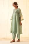 JANKI INDIA_Aqua Chanderi, Organza Embroidery Split V-neck Floral Motif Kurta Set _Online_at_Aza_Fashions