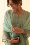 Buy_JANKI INDIA_Aqua Chanderi, Organza Embroidery Split V-neck Floral Motif Kurta Set _Online_at_Aza_Fashions