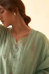 Shop_JANKI INDIA_Aqua Chanderi, Organza Embroidery Split V-neck Floral Motif Kurta Set _Online_at_Aza_Fashions