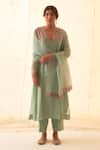 Buy_JANKI INDIA_Aqua Chanderi, Organza Embroidery V-neck Pink Kurta Set _at_Aza_Fashions