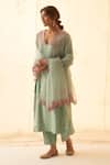 Buy_JANKI INDIA_Aqua Chanderi, Organza Embroidery V-neck Pink Kurta Set _Online_at_Aza_Fashions
