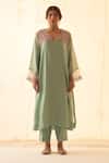 Shop_JANKI INDIA_Aqua Chanderi, Organza Embroidery V-neck Pink Kurta Set _Online_at_Aza_Fashions