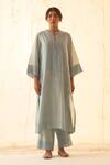 Buy_JANKI INDIA_Aqua Chanderi, Organza Embroidery Mandarin Collar Ice Blue Kurta Set _Online_at_Aza_Fashions