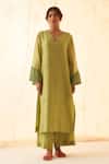 Shop_JANKI INDIA_Lavender Chanderi, Organza Embroidery Split V-neck Green Kurta Set With Dupatta _Online_at_Aza_Fashions