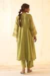Shop_JANKI INDIA_Green Chanderi, Organza Embroidery Split V-neck Lime Kurta Set _at_Aza_Fashions