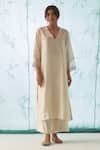 JANKI INDIA_Ivory Chanderi, Organza Embroidery V-neck Yoke Kurta Set _at_Aza_Fashions