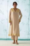 Buy_JANKI INDIA_Ivory Chanderi, Organza Embroidery V-neck Kurta Set With Yellow _Online_at_Aza_Fashions