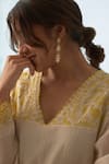 JANKI INDIA_Ivory Chanderi, Organza Embroidery V-neck Kurta Set With Yellow _at_Aza_Fashions