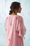 JANKI INDIA_Pink Chanderi, Organza Embroidery V-neck Floral Kurta Set _Online_at_Aza_Fashions