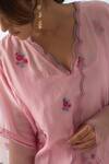 Shop_JANKI INDIA_Pink Chanderi, Organza Embroidery V-neck Floral Kurta Set _Online_at_Aza_Fashions