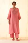 Shop_JANKI INDIA_Pink Chanderi, Organza Embroidery Round Neck Multicolour Kurta Set _Online_at_Aza_Fashions