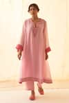 Shop_JANKI INDIA_Pink Chanderi, Organza Embroidery Split V-neck Kurta Set With Dupatta _Online_at_Aza_Fashions